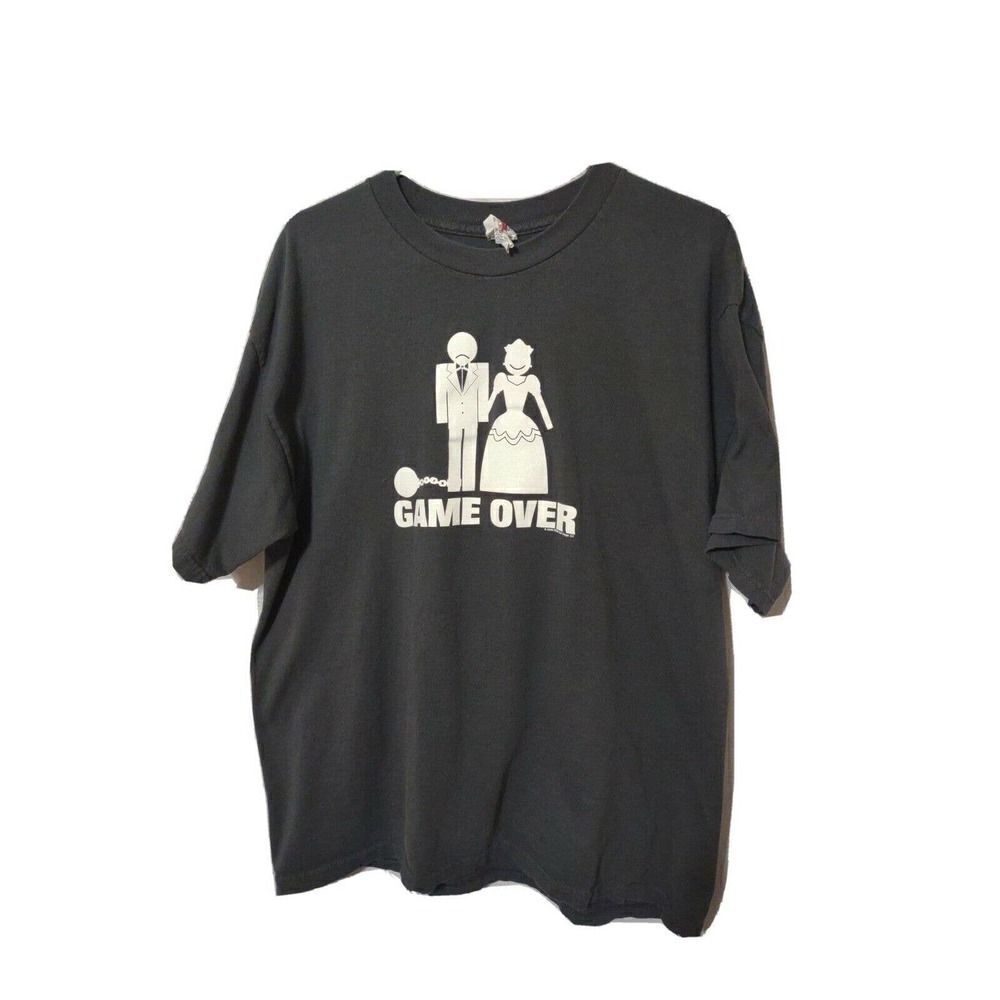 Game Over Marriage Funny Men's Short Sleeve T shirt Size XL Gray Graphic Print
